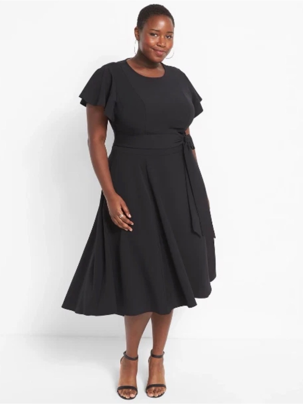 Lane Bryant Flutter-Sleeve Black Midi Dress with Waist Tie SZ 20
